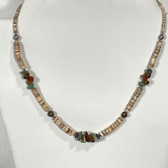 Handmade graduated heishi and gemstone chip necklace.